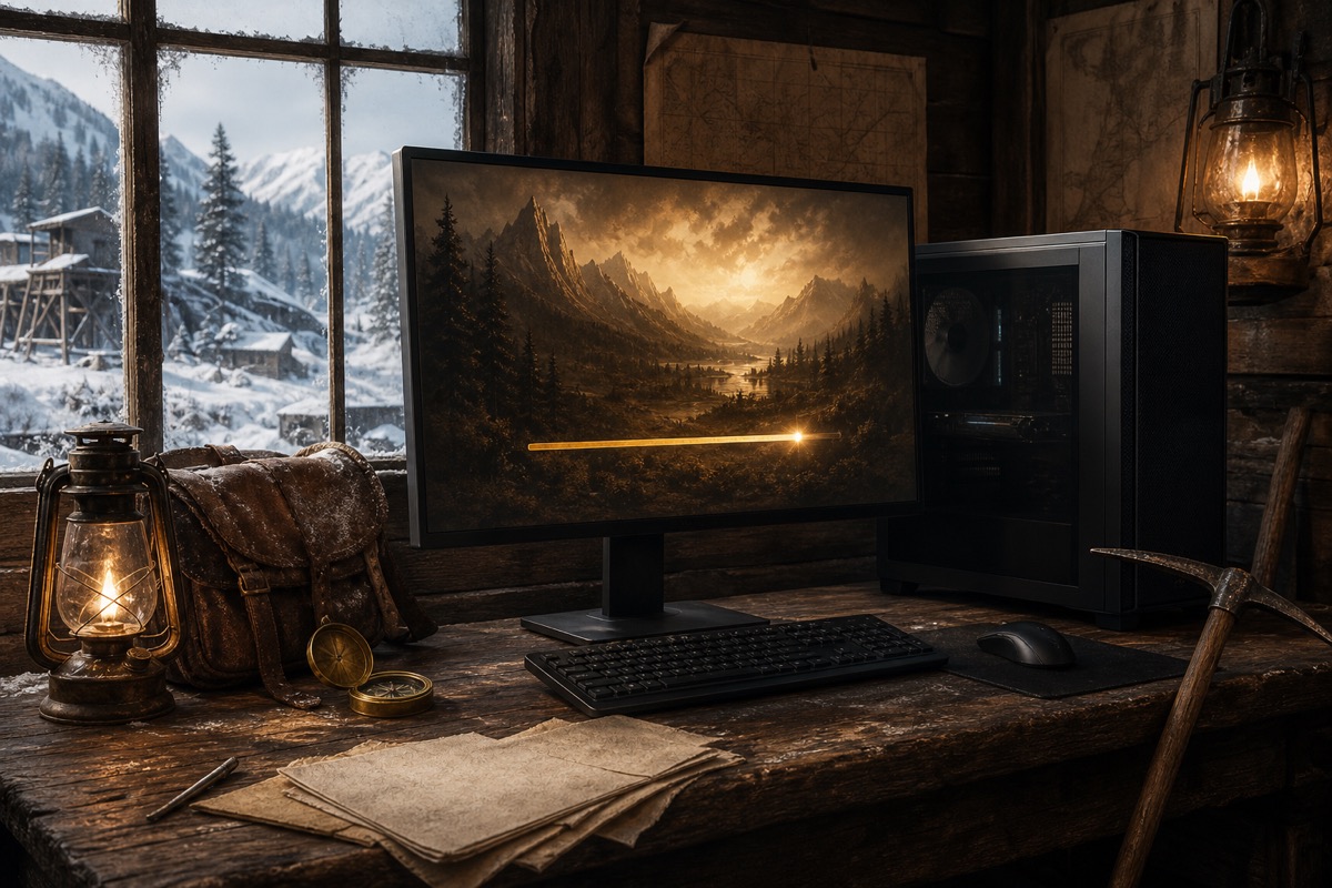 Original fan-made illustration of an unbranded Windows gaming PC in an Alaskan frontier workshop