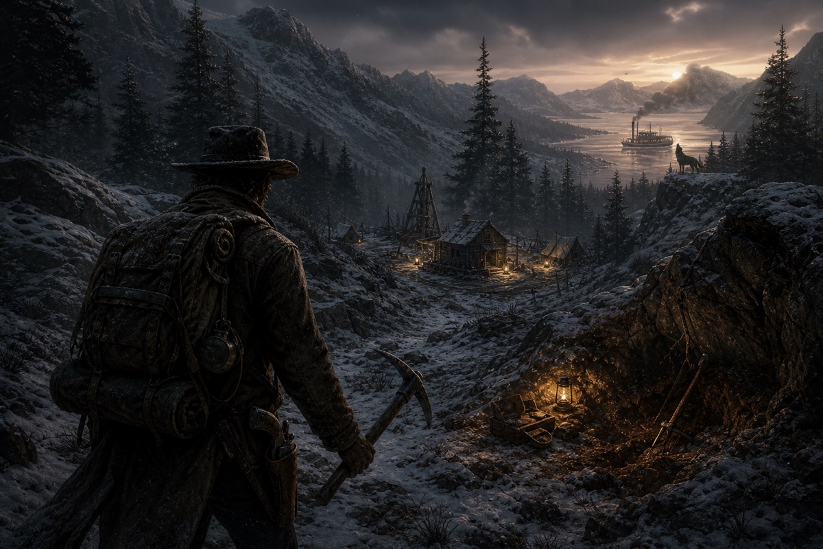 Original fan-made illustration of a lone pioneer overlooking an Alaskan camp, dig site, wolf and distant steamer