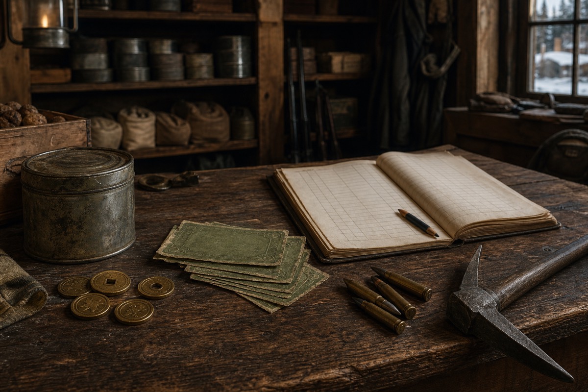 Original fan-made illustration of generic green frontier scrip beside supplies, ammunition and a ledger