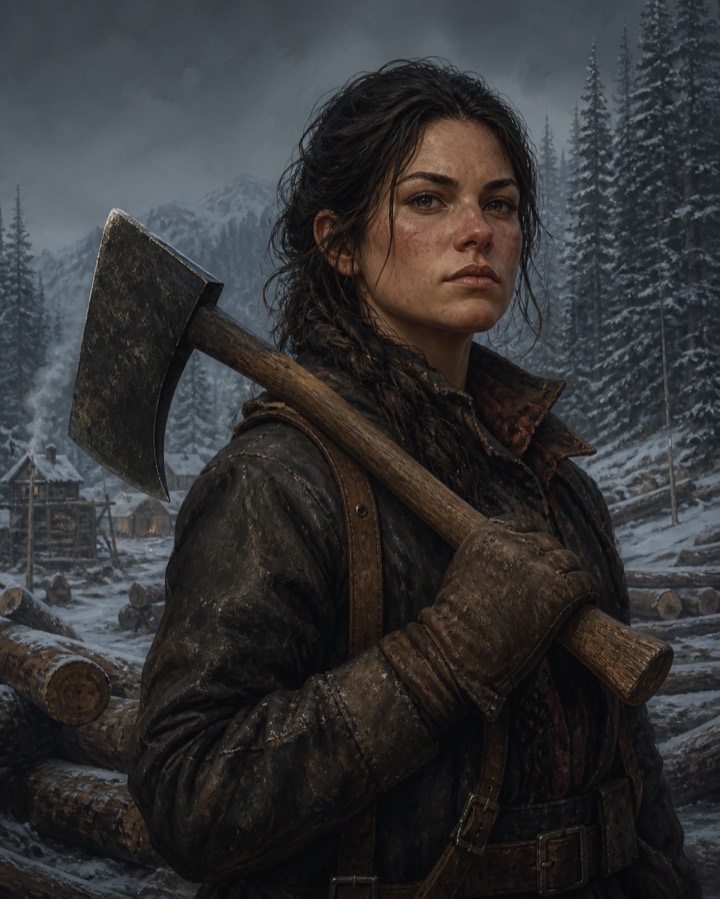 Jane Splinter Holloway, a frontier lumberjack with an axe