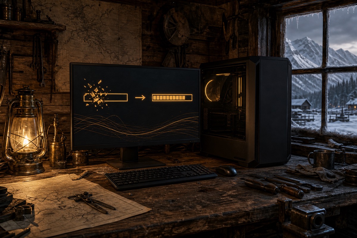 Original fan-made illustration of an unbranded PC showing an abstract broken-to-fixed diagnostic