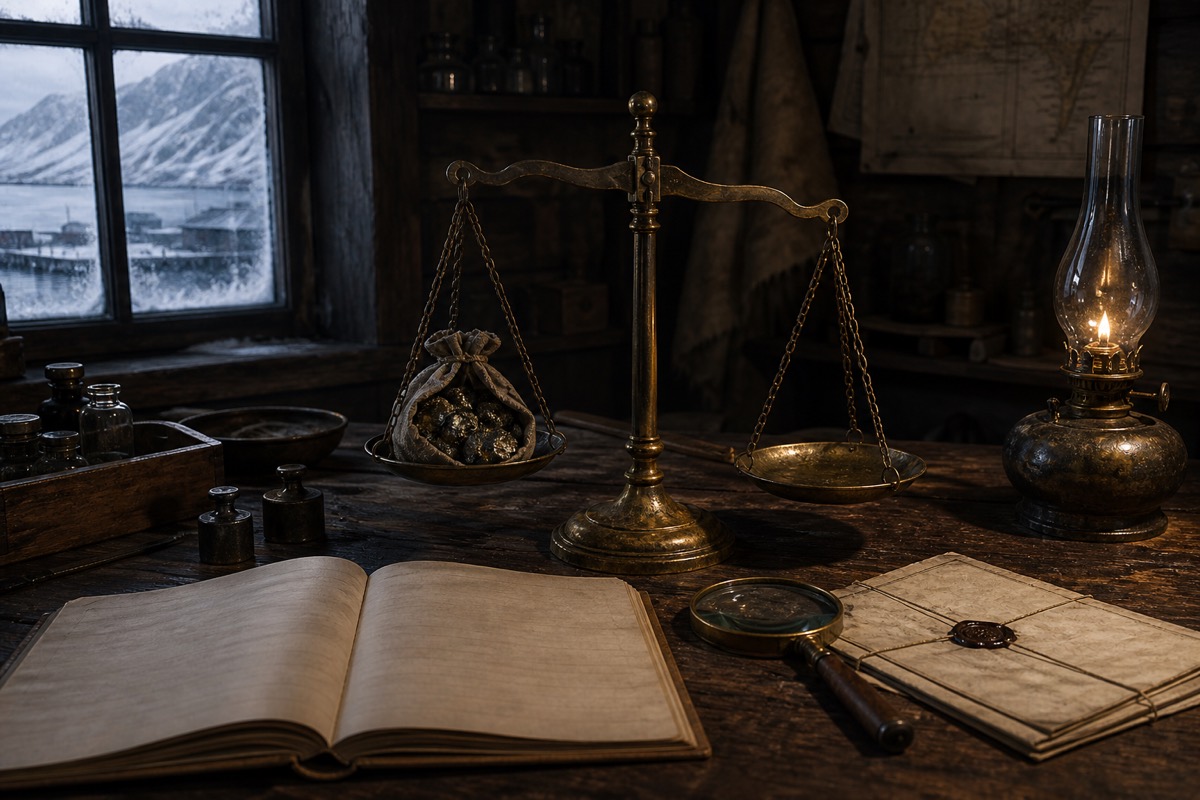 Original fan-made illustration of a frontier assay balance and evidence ledger