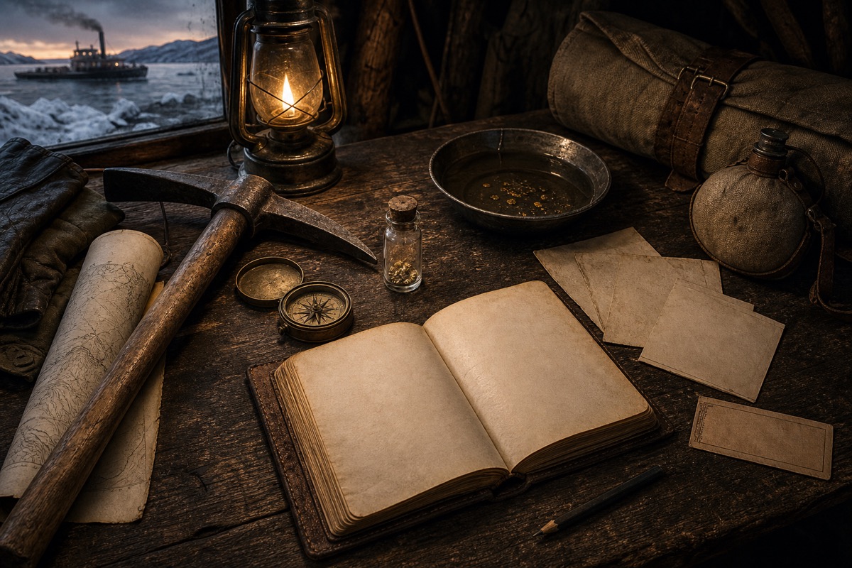 Original fan-made illustration of an 1869 prospecting plan with pickaxe, compass, claim papers, ledger and a distant steamer