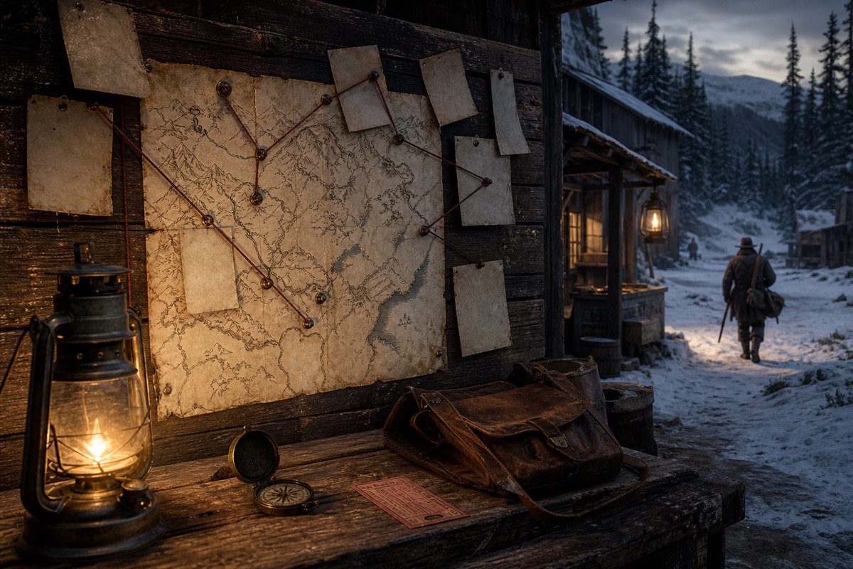 Original fan-made illustration of a frontier quest board, map, compass, ticket and departing pioneer