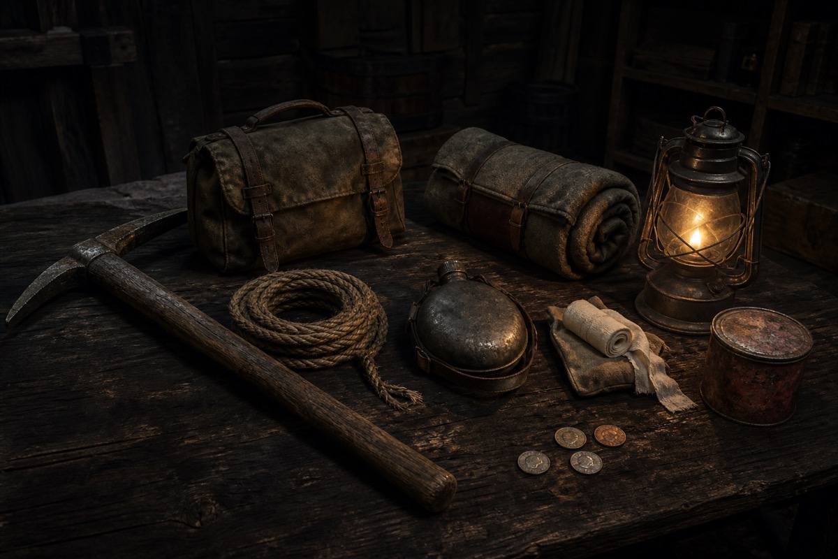 Original fan-made illustration of a pickaxe, canvas pack, lantern, bedroll, rope and frontier supplies