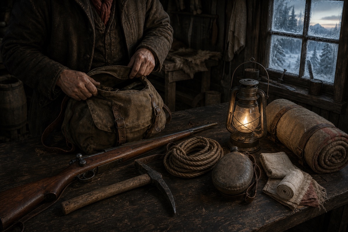 Original fan-made illustration of a frontier Pioneer preparing a rifle, pickaxe and supplies before an expedition