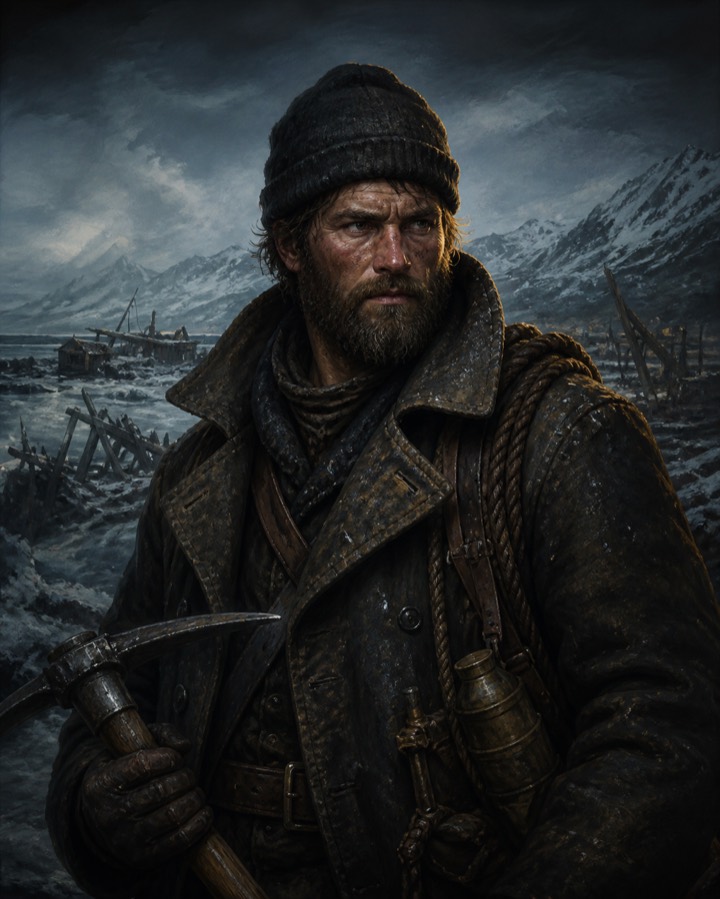 Wade Tornstrom, a weathered whaling captain holding a pickaxe