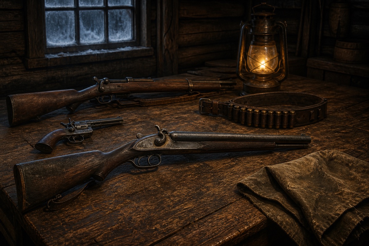 Original fan-made illustration of period frontier firearms arranged on a dark workbench